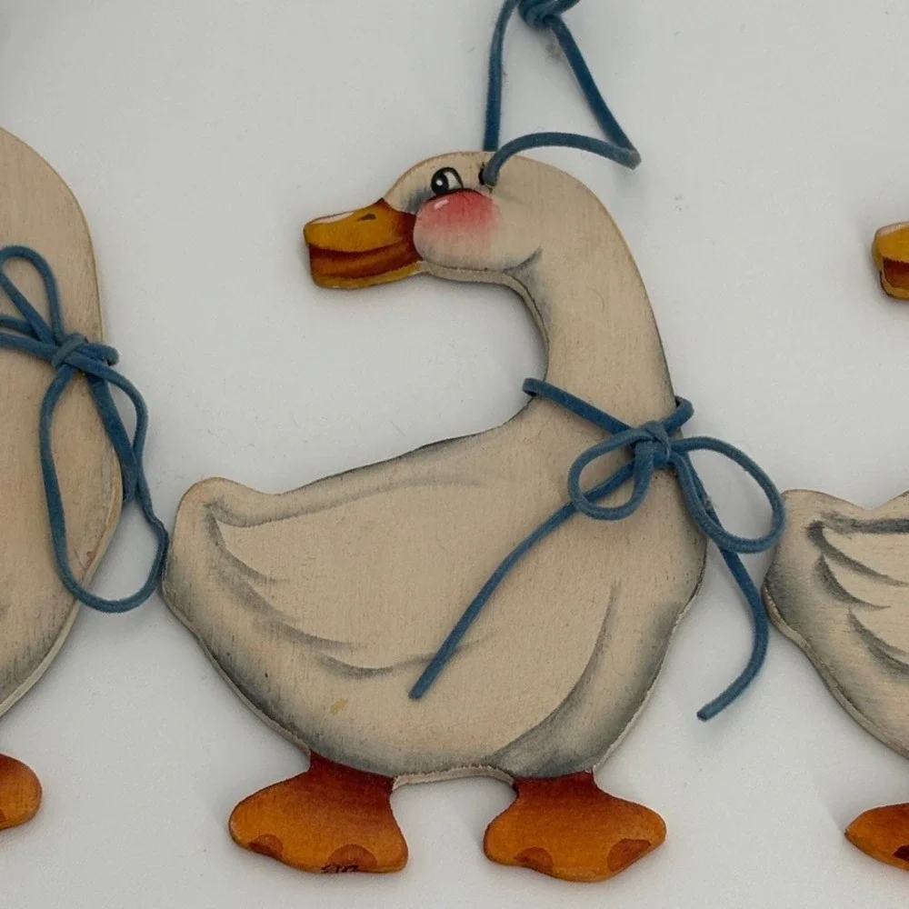 Vintage Country Goose Ornaments Set of 3 Wooden Blue Ribbon Grandmacore Handmade